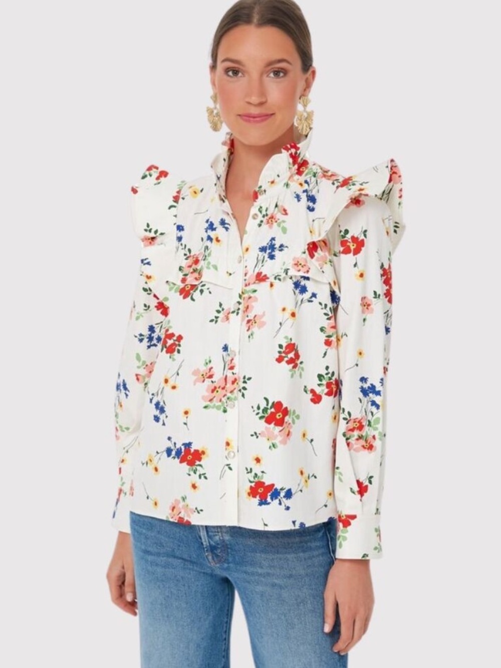 Tuckernuck Women's Cream Floral Ruffle Button down Blouse size XS